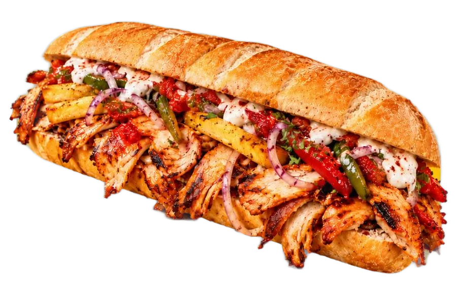 A chicken döner baguette packed with shaved chicken, onion salad and chipotle mayo